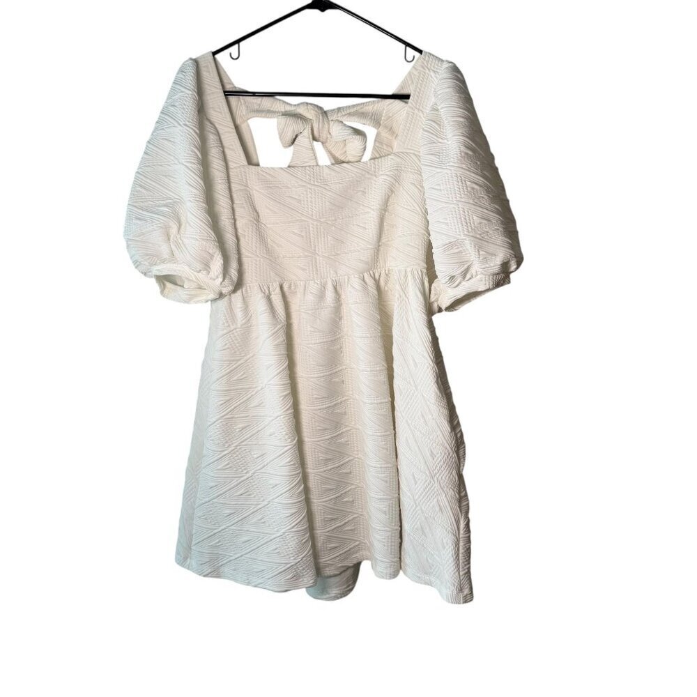 Free People White Textured Puff Sleeve Dress With Bow Tie Back Womens Size Small